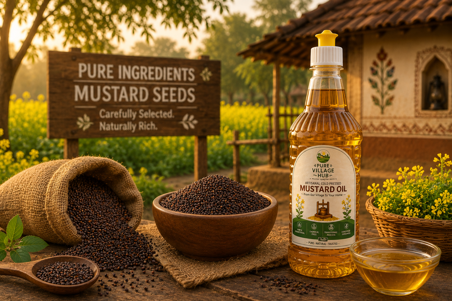 Fresh mustard seeds and flowers