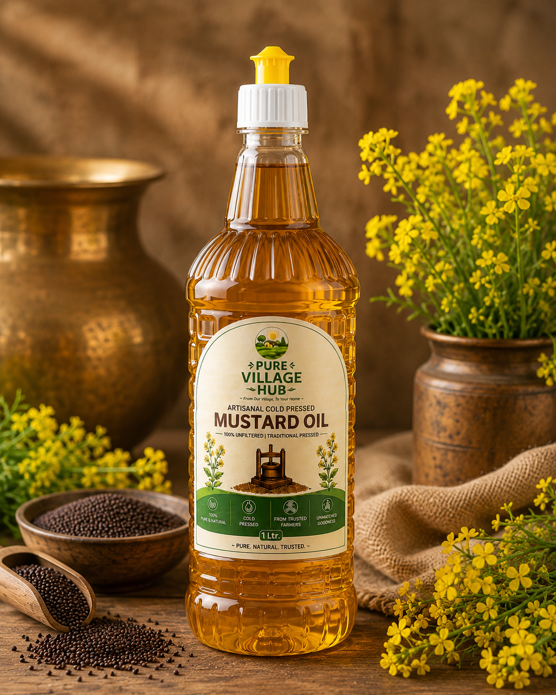Mustard oil bottle with fresh mustard flowers