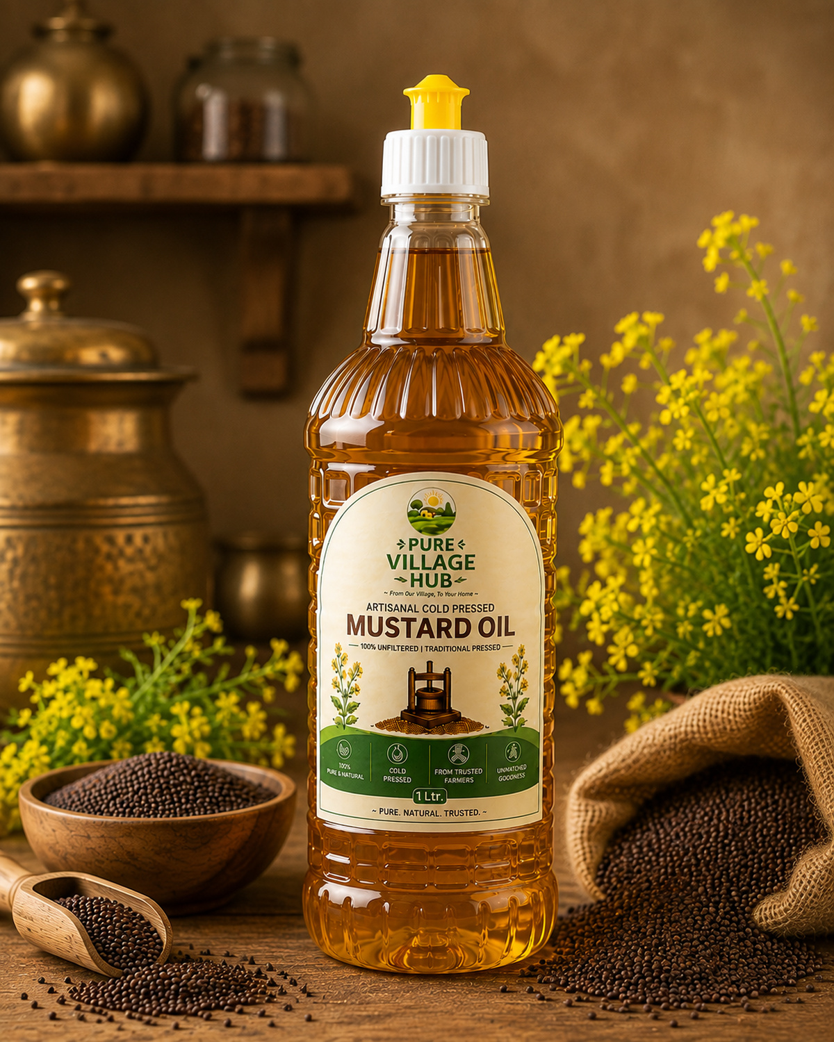 Mustard oil bottle with mustard seeds