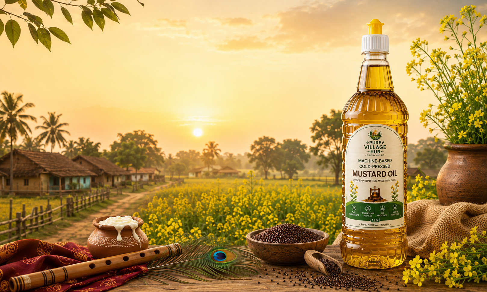 Pure Village Hub mustard oil bottle with mustard flowers and seeds in a village Odisha setting, Janmashtami launch